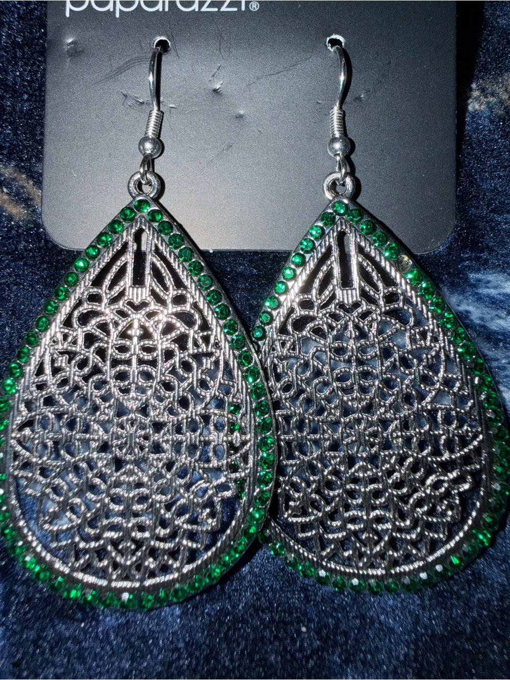 Paparazzi Silver Filigree Teardrop Earrings with Green Stones